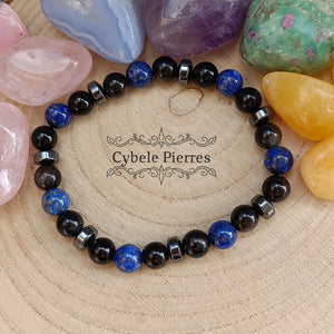 Bracelet Homme "Introspection" - Lapis-Lazuli et Obsidienne argentée (8mm) - 18cm