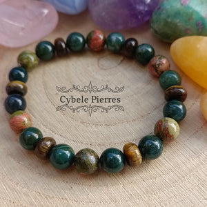 Bracelet Devenir - Héliotrope, Unakite  et Oeil de tigre (6 et 8mm) - 18cm