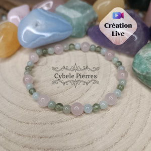 Bracelet "Tendre Enfance" - Apatite verte , Quartz rose et Jade Vert (3mm et 6mm) - 17cm