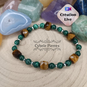 Bracelet Conscience du coeur - Oeil de tigre carré facetté & Malachite (6 et 10mm) - 18cm