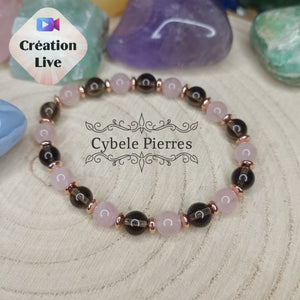 Bracelet "Je déculpabilise" - Quartz rose et Quartz fumé (6mm) - 17cm