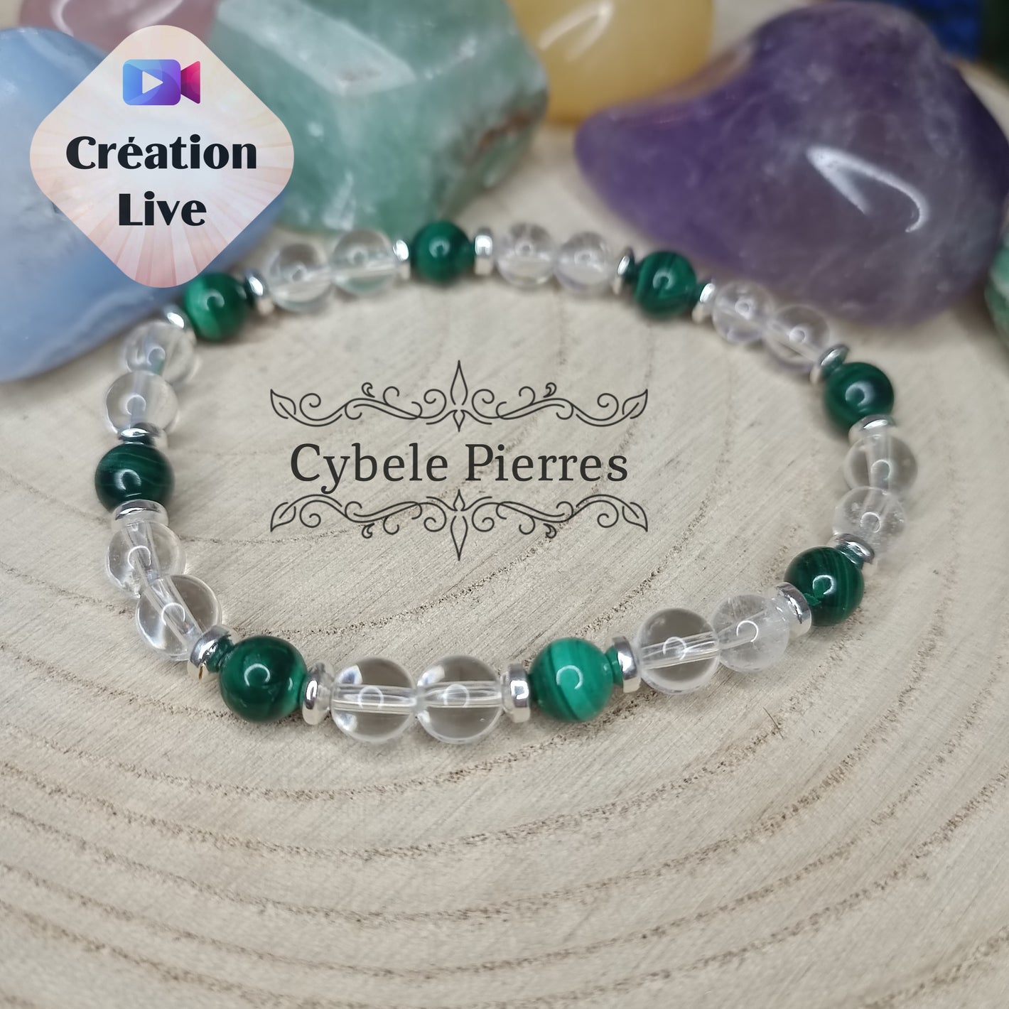 Bracelet Sapin - Malachite et Cristal de roche craquelé (6mm) - 18cm