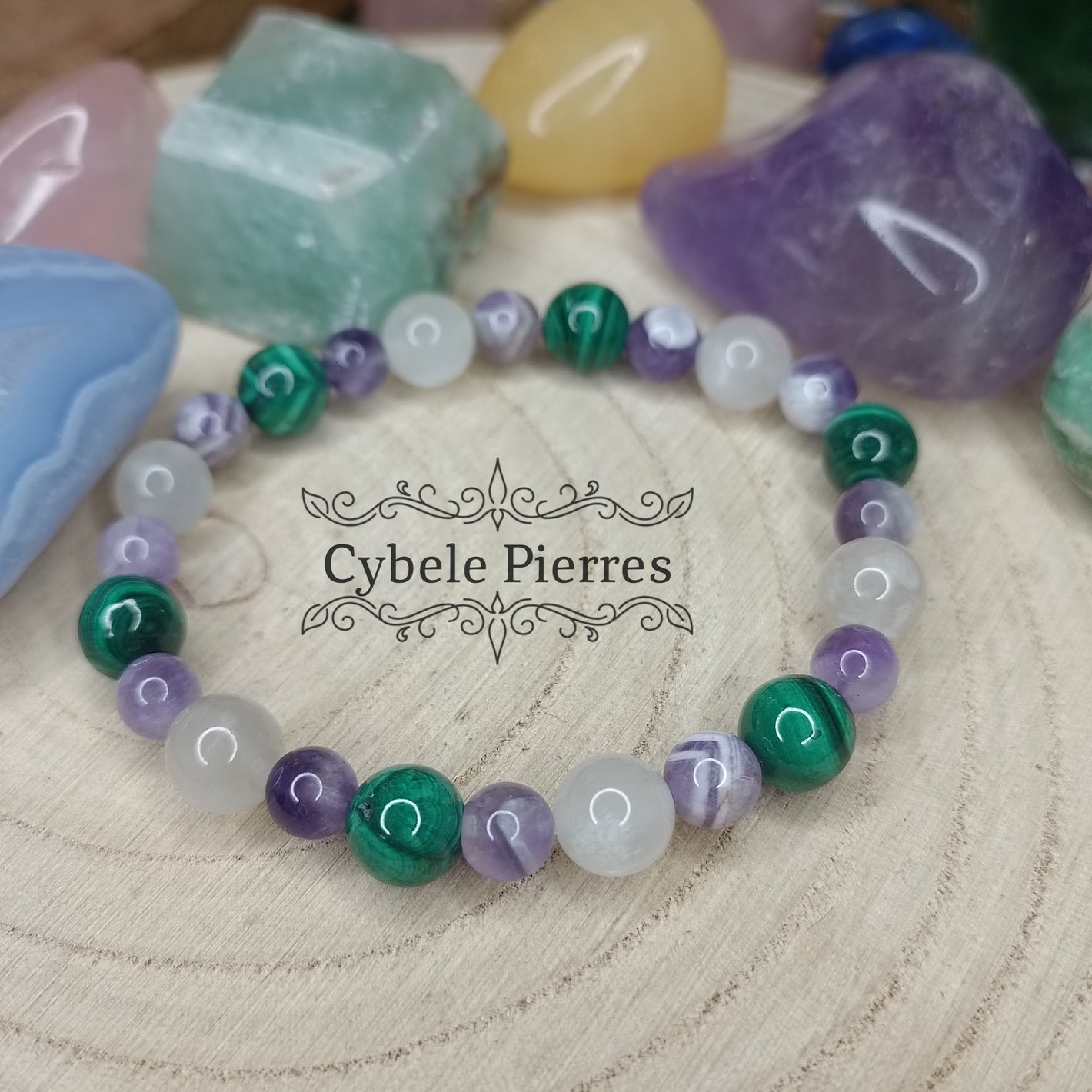 Bracelet "Aventure" - Pierre de lune blanche, Améthyste et Malachite (8mm et 6mm) - 17cm