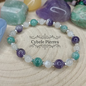 Bracelet "Affection" - Amazonite, Améthyste et Pierre de Lune (6 et 8mm) - 18cm