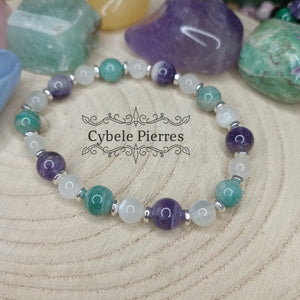 Bracelet "Affection" - Amazonite, Améthyste et Pierre de Lune (6 et 8mm) - 18cm