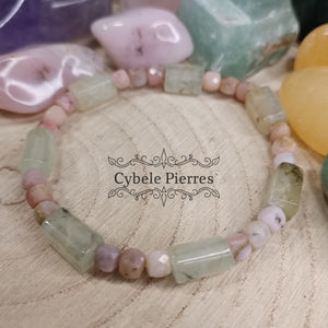 Bracelet Charme - Jade Vert de Chine et Opale rose carré facetté (6 et 10mm) - 18cm
