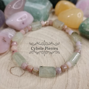 Bracelet Charme - Jade Vert de Chine et Opale rose carré facetté (6 et 10mm) - 18cm