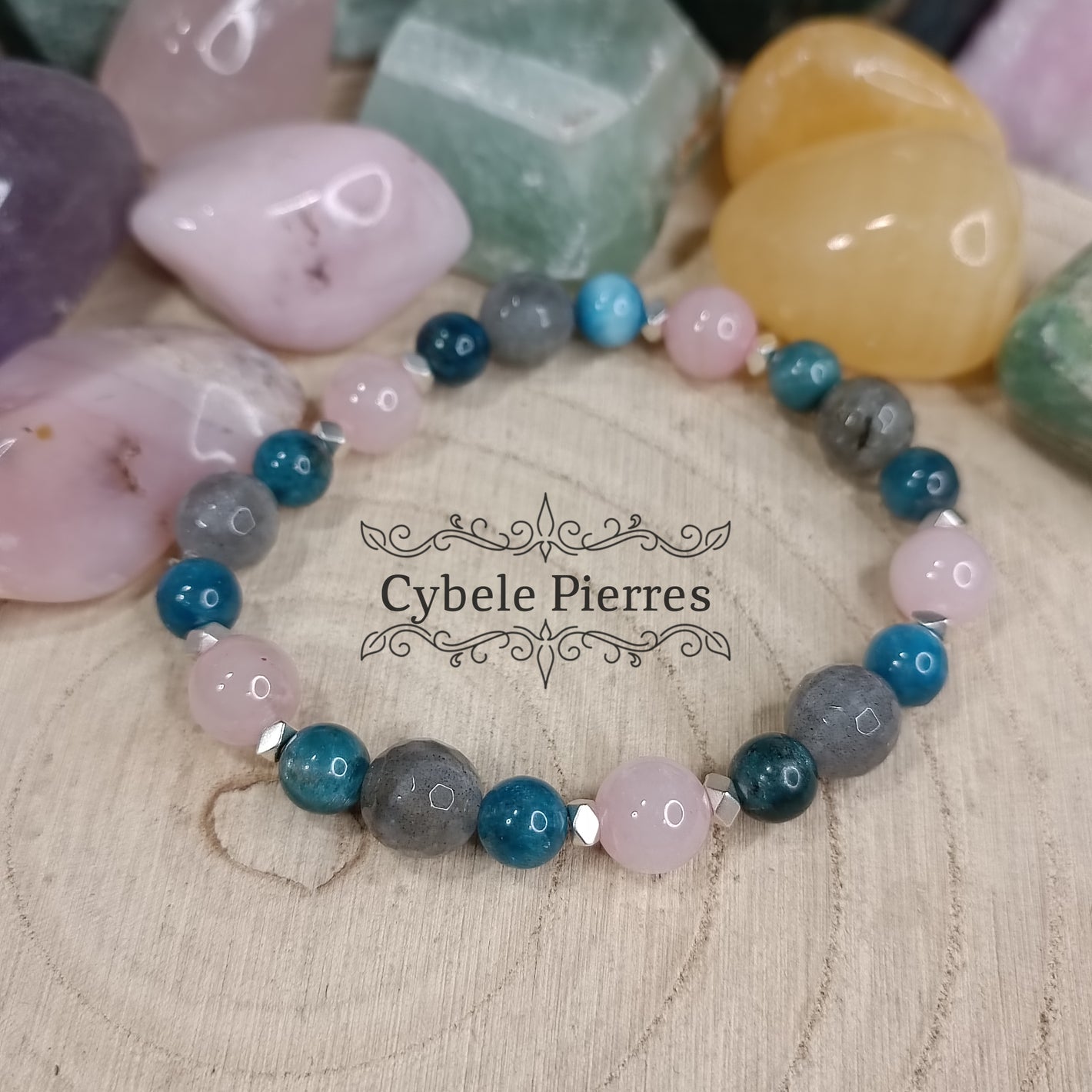 Bracelet Ciel Nocturne - Apatite bleue, Quartz Rose et Labradorite (6 et 8mm) - 18cm