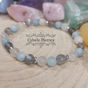 Bracelet Arctique - Labradorite, Pierre de lune blanche et Aigue-marine (6mm) - 18cm