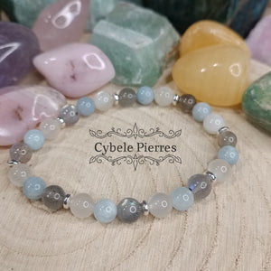 Bracelet Arctique - Labradorite, Pierre de lune blanche et Aigue-marine (6mm) - 18cm