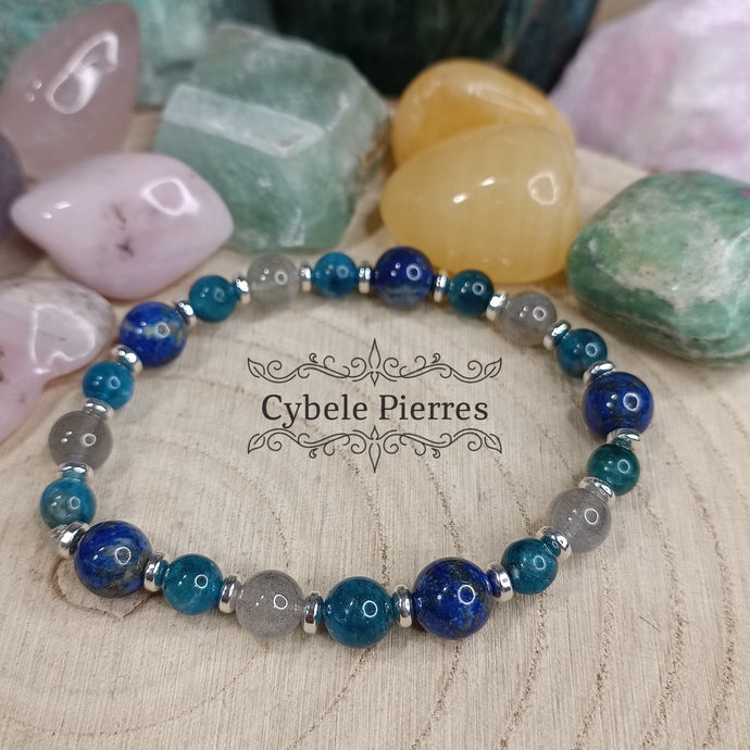 Bracelet Souverain - Labradorite, Lapis-Lazuli et Apatite bleue (8mm et 6mm) - 17cm