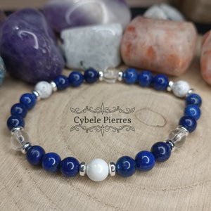 Bracelet Breton- Lapis-Lazuli, Cristal de roche et Howlite (6mm) -  17cm