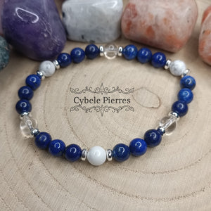 Bracelet Breton- Lapis-Lazuli, Cristal de roche et Howlite (6mm) -  17cm