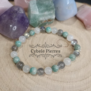 Bracelet Douceur Hivernale- Amazonite, Labradorite et Pierre de Lune blanche (6mm) - 17cm