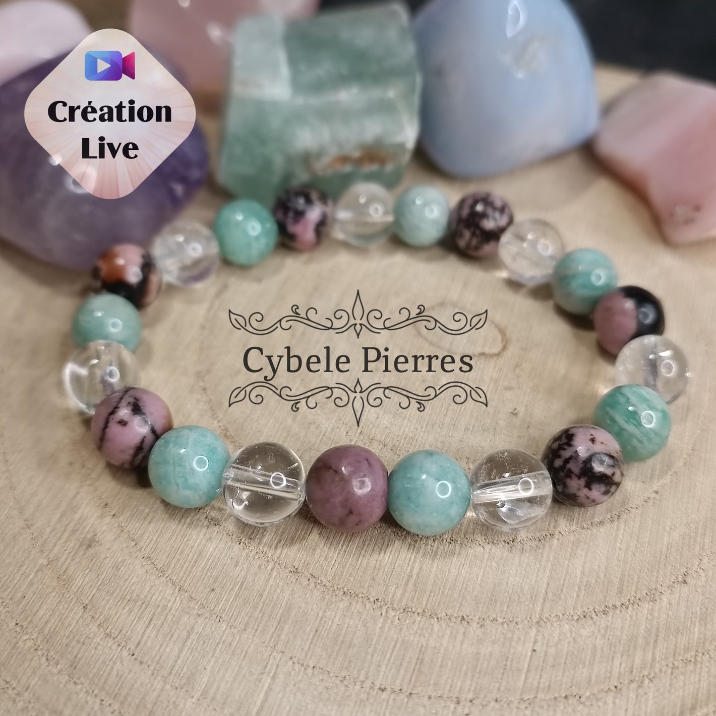 Bracelet Lagon Passion - Amazonite, Cristal de Roche et Rhodonite (8mm) - 17cm