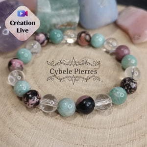 Bracelet Lagon Passion - Amazonite, Cristal de Roche et Rhodonite (8mm) - 17cm