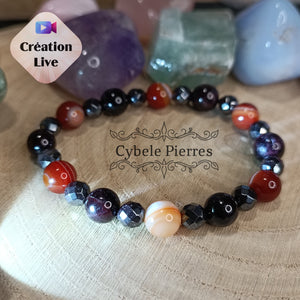 Bracelet Maturité - Cornaline, Hématite facetée & Grenat (6 et 8mm) - 17cm