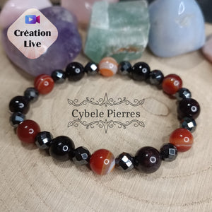 Bracelet Maturité - Cornaline, Hématite facetée & Grenat (6 et 8mm) - 17cm