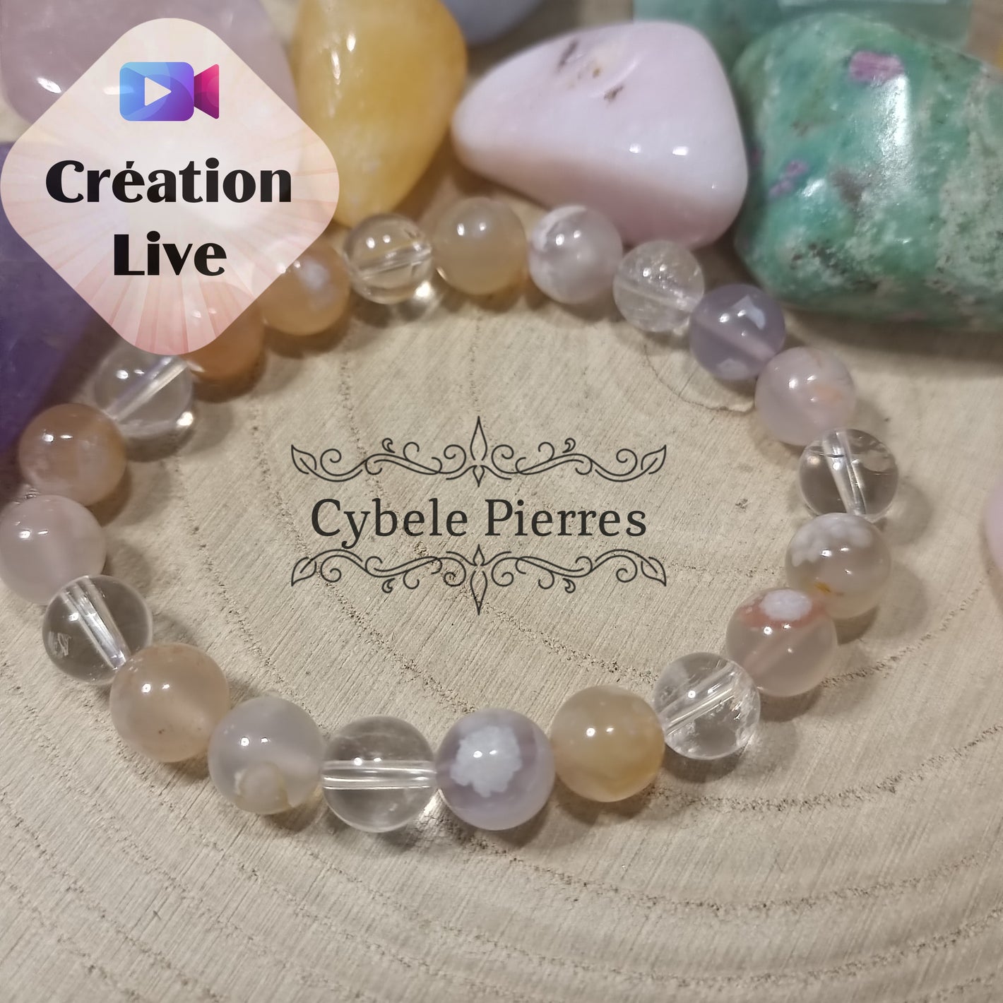 Bracelet Sakura - Agate fleurs de cerisier et Cristal de Roche (8mm) - 17cm