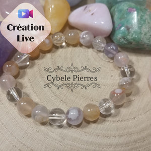 Bracelet Sakura - Agate fleurs de cerisier et Cristal de Roche (8mm) - 17cm