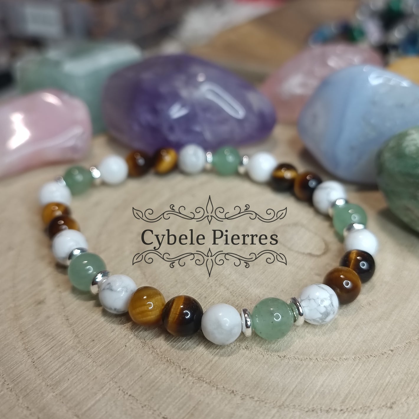 Bracelet Connexion Universelle - Aventurine, Oeil de tigre et Howlite (6mm) - 18cm