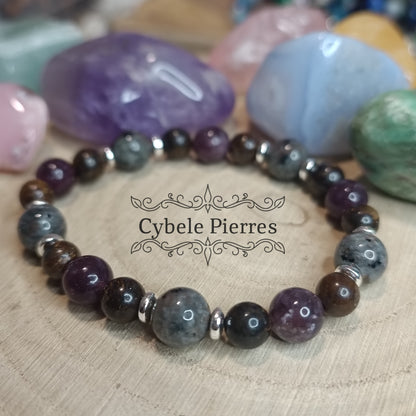 Bracelet "Abondance"-Larvikite, Bronzite et Lépidolite (6mmet 8mm) - 17cm