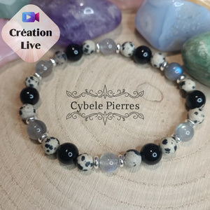 Bracelet Ancrage et Protection- Tourmaline, Labradorite et Jaspe Dalmatien (6 et 8mm) - 19cm [🔥Dernier exemplaire!]