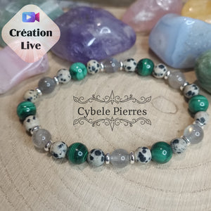 Bracelet L'Interdit- Malachite, Labradorite et Jaspe Dalmatien (6 et 8mm) - 19cm