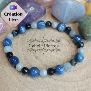 Bracelet Ocean's Vibe- Cyanite, Aigue-marine et Oeil de faucon (6 et 8mm) - 18cm