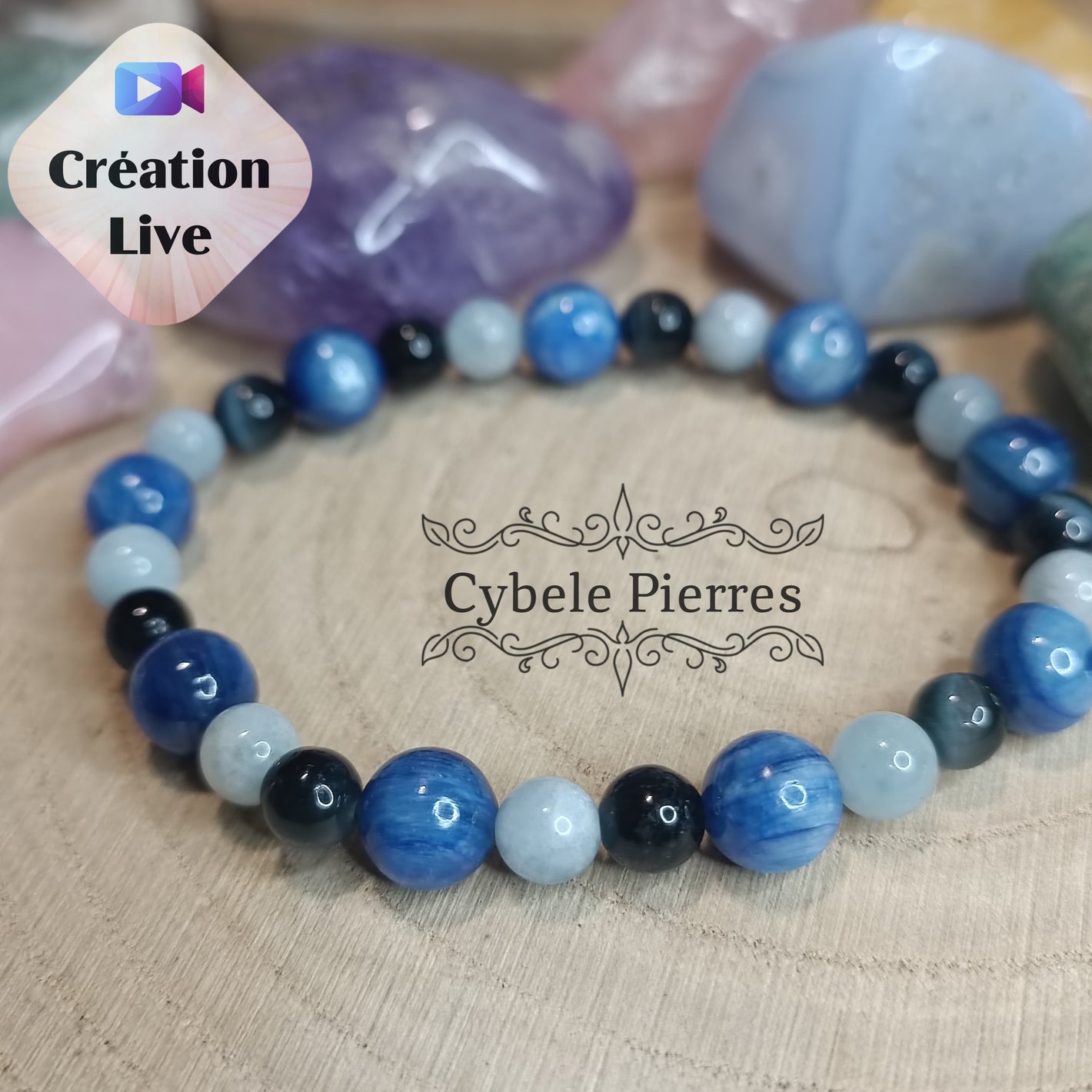 Bracelet Ocean's Vibe- Cyanite, Aigue-marine et Oeil de faucon (6 et 8mm) - 18cm