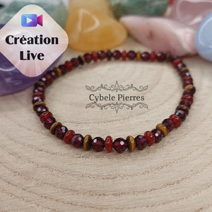 Bracelet Volcano- Oeil de Tigre, Cornaline et Grenat (2 et 4mm) - 18cm