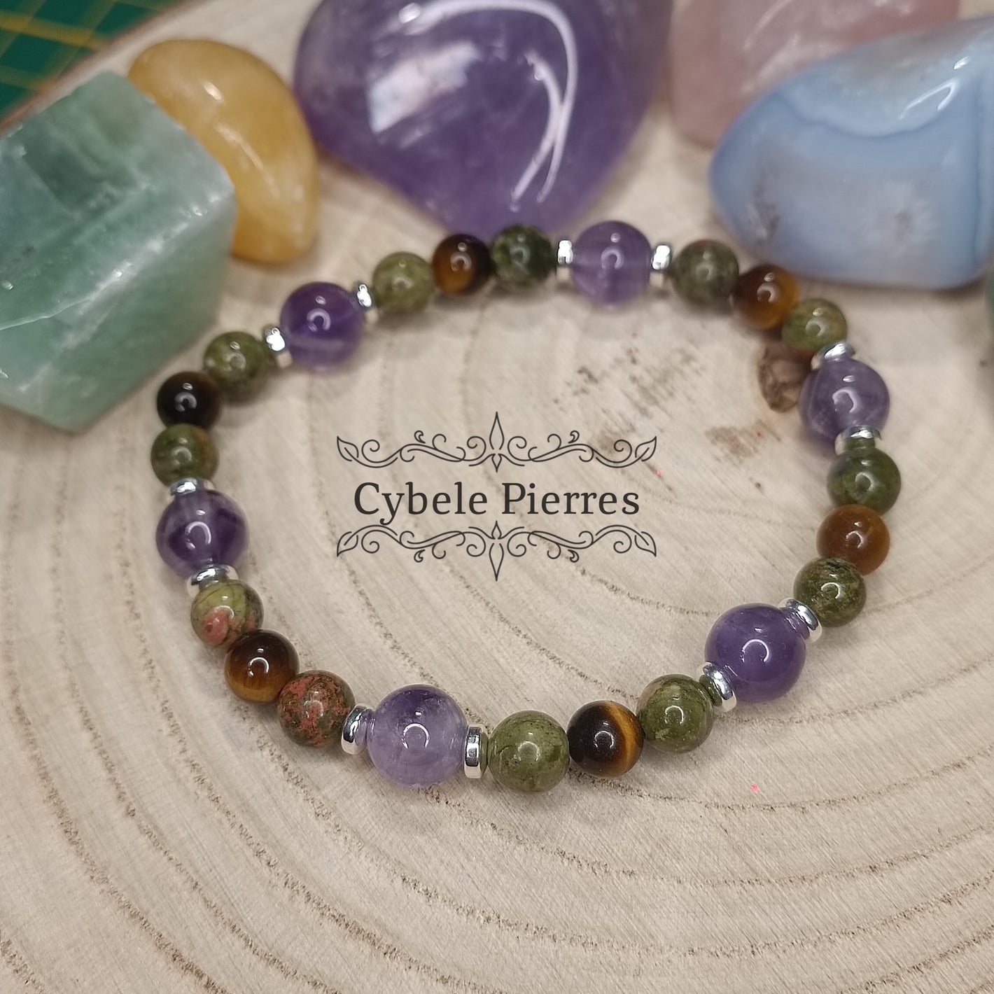 Bracelet Déblocage - Améthyste, Unakite  et Oeil de tigre (6 et 8mm) - 18cm