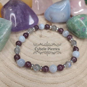 Bracelet Magie divine- Calcédoine bleue, Labradorite et Lépidolite (6 et 7mm) - 17cm