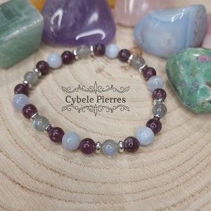 Bracelet Magie divine- Calcédoine bleue, Labradorite et Lépidolite (6 et 7mm) - 17cm