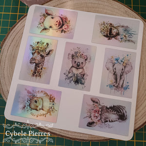 Pack de 14 Stickers "Bébé Animaux Kawaii" - Holographique