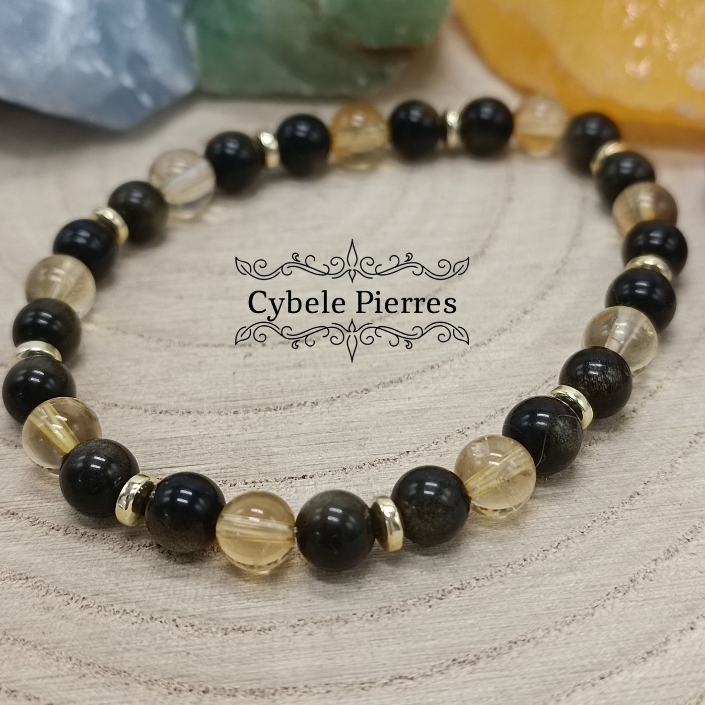 Bracelet Bienheureux -Obsidienne dorée et Citrine ( 6mm )- 18cm