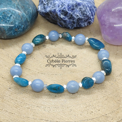 Bracelet Vérité :  Angélite et Apatite bleue (irrégulière 8mm et ronde 6mm) - 17cm