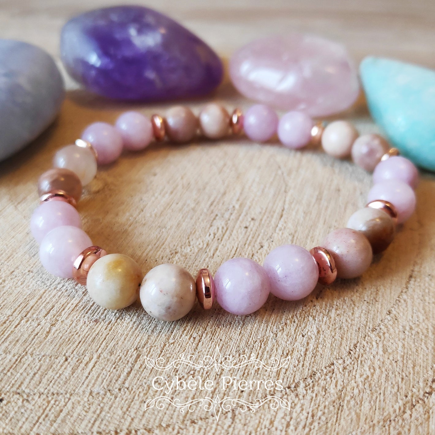 JUILLET Bracelet Joie - Kunzite et Pierre de Soleil (6mm) - 18cm