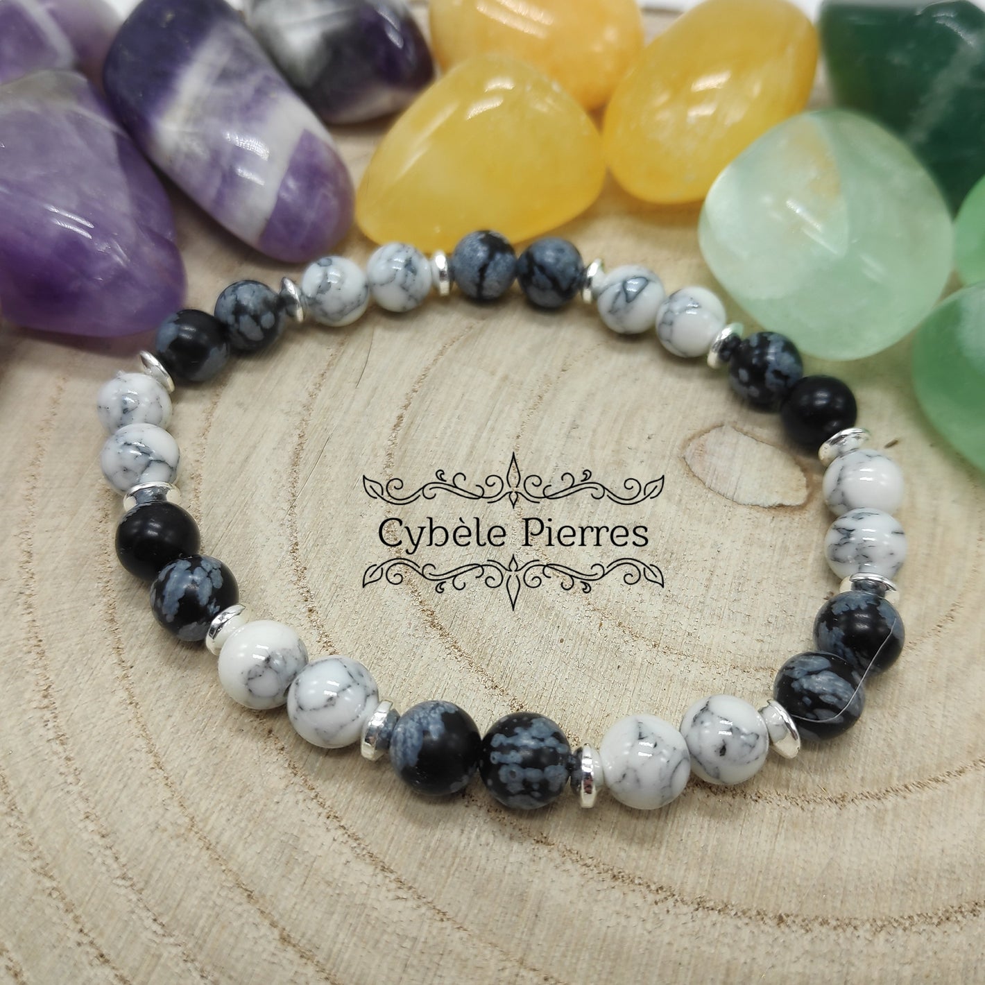 Bracelet Admirable - Howlite et Obsidienne flocons de neige - 17cm