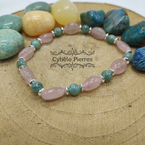 Bracelet Consécration - Jade vert de Chine et Quartz Rose (6 et 10mm irrégulière) - 17.5cm