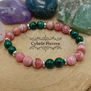 Bracelet Khépri - Rhodochrosite et Malachite (8mm) - 19cm