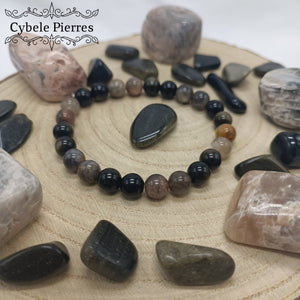 Bracelet Abaset - Obsidienne dorée et Pierre de Lune (8mm) - 19cm - Cybele Pierres