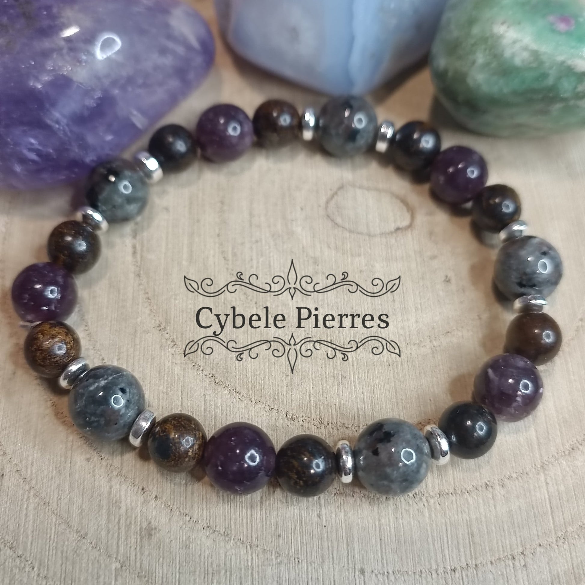 Bracelet "Abondance" - Larvikite, Bronzite et Lépidolite (6mmet 8mm) - 17cm - Cybele Pierres