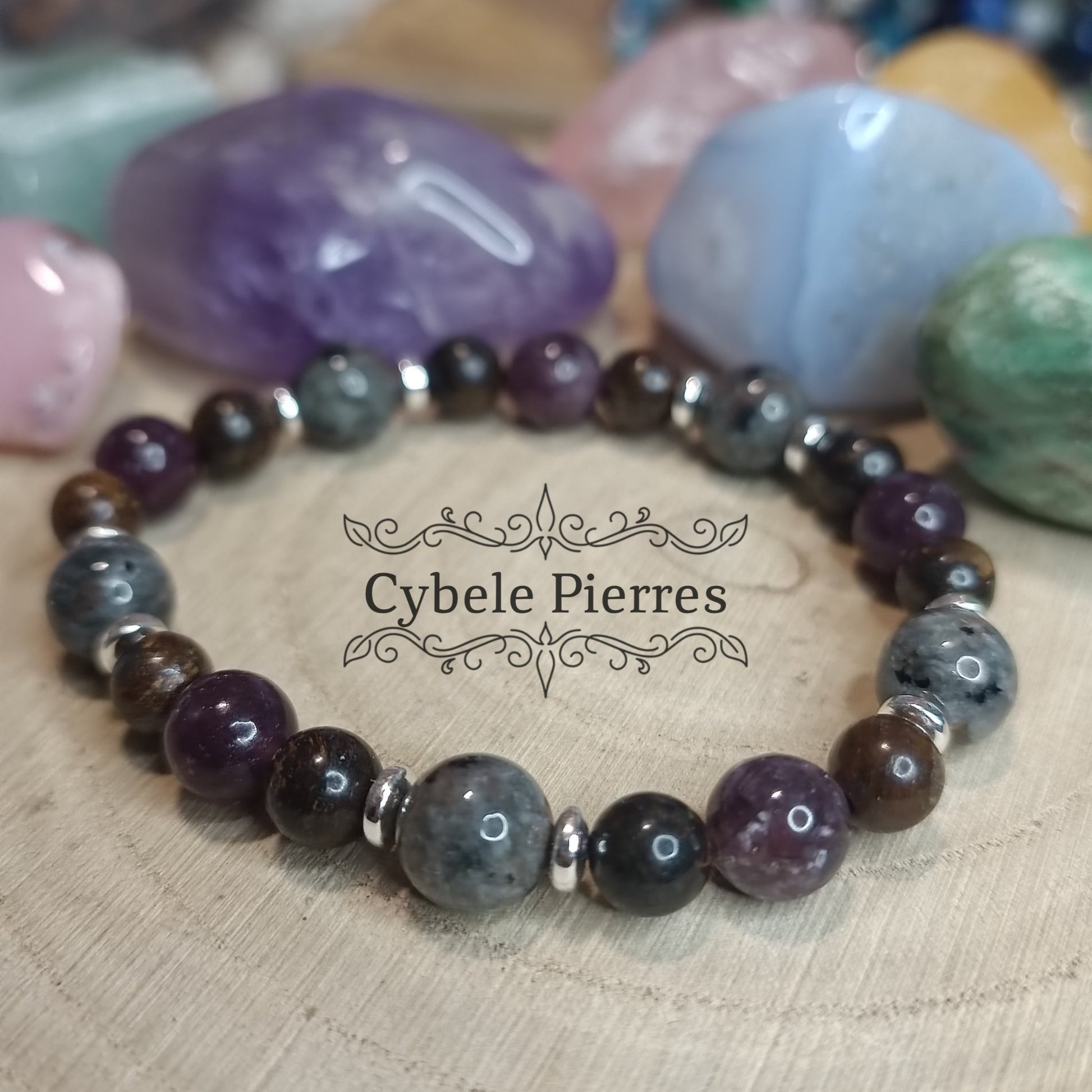 Bracelet "Abondance" - Larvikite, Bronzite et Lépidolite (6mmet 8mm) - 17cm - Cybele Pierres