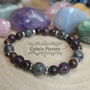 Bracelet "Abondance" - Larvikite, Bronzite et Lépidolite (6mmet 8mm) - 17cm - Cybele Pierres