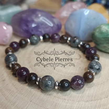 Bracelet "Abondance" - Larvikite, Bronzite et Lépidolite (6mmet 8mm) - 17cm - Cybele Pierres