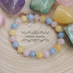 Bracelet Ame d'Enfant - Quartz rose, Angélite et Calcite orange (8mm) - 18cm - Cybele Pierres