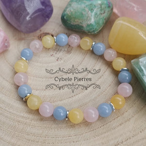 Bracelet Ame d'Enfant - Quartz rose, Angélite et Calcite orange (8mm) - 18cm - Cybele Pierres