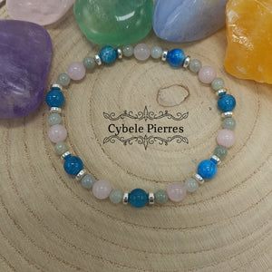Bracelet Amitié - Apatite bleue, Quartz rose et Jade Vert (3mm et 6mm) - 17cm - Cybele Pierres