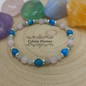 Bracelet Amitié - Apatite bleue, Quartz rose et Jade Vert (3mm et 6mm) - 17cm - Cybele Pierres